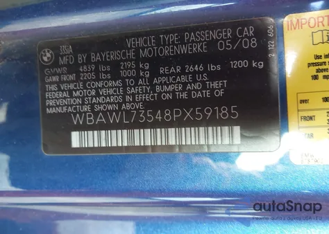 2008 BMW 335I from USA, damaged, VIN WBAWL73548PX59185